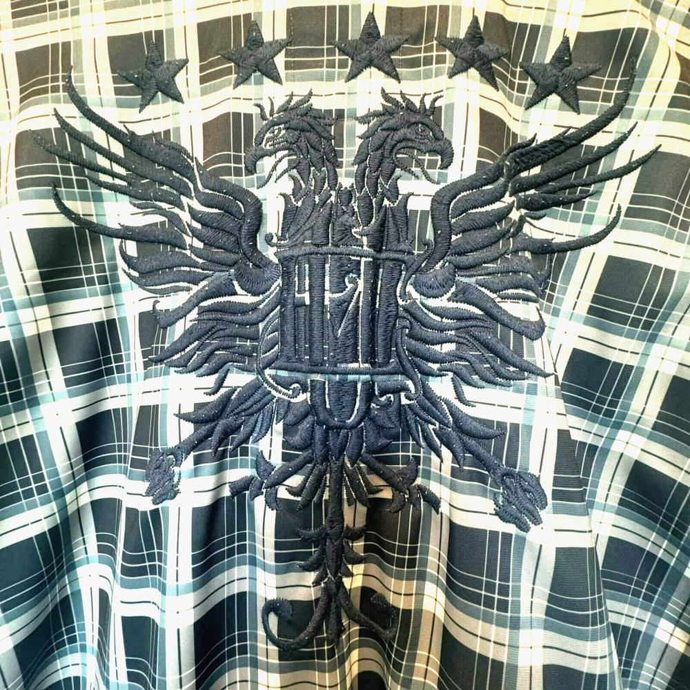 ECKO UNLTD Mens XL Vintage Blue Plaid Embroidered Phoenix Zip Jacket Y2K 90s EUC